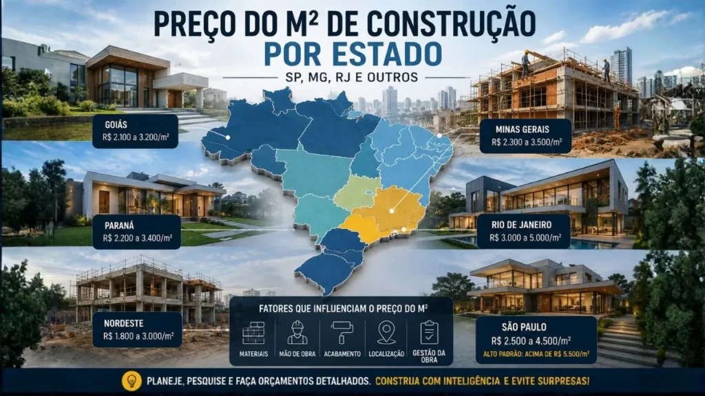 Preço do m² de construção por estado: SP, MG, RJ e outros