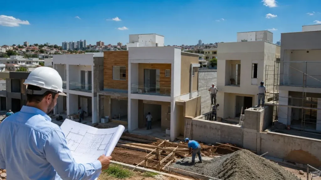 Empreendimento residencial com casas em construção destinadas à venda, representando investimento imobiliário e lucro na construção civil.