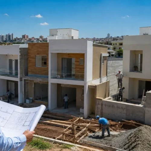 Empreendimento residencial com casas em construção destinadas à venda, representando investimento imobiliário e lucro na construção civil.