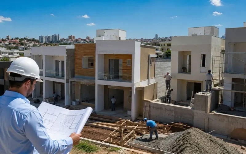 Empreendimento residencial com casas em construção destinadas à venda, representando investimento imobiliário e lucro na construção civil.